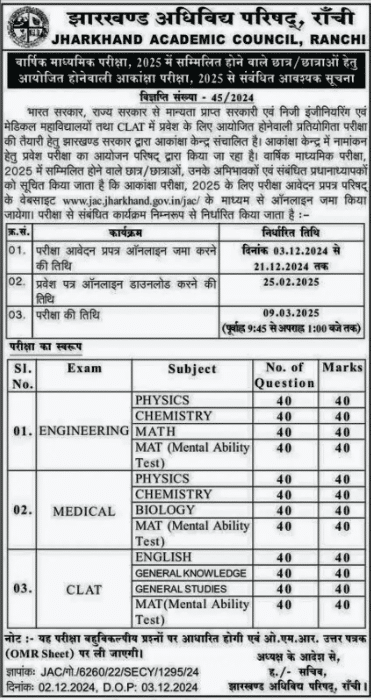 JAC Akanksha Exam and Clat Exam Official Notice 2025